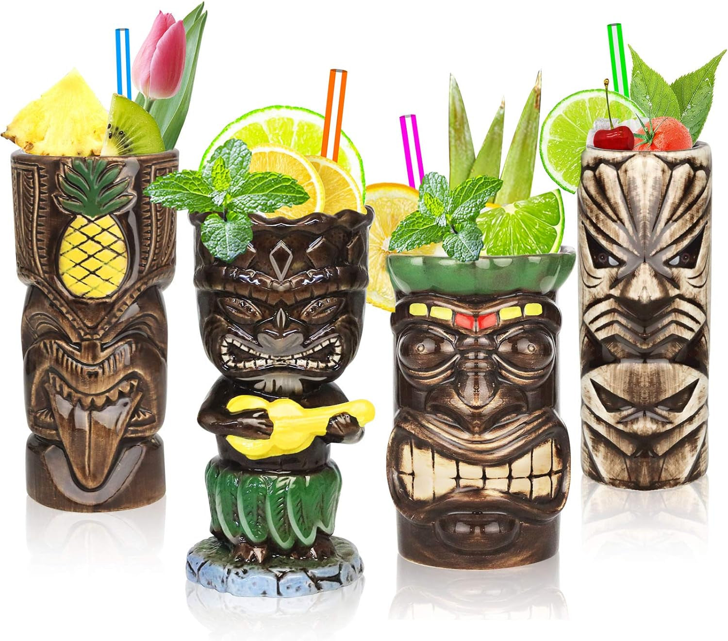 Suprobarware Tiki Mugs Set of 4– Ceramic Hawaiian Party Mugs Large Drinkware, Ti