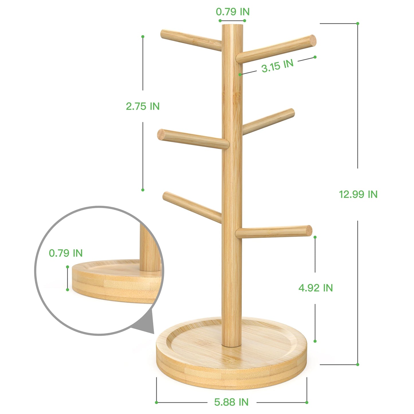 Coffee Mug Holder, Bamboo Mug Tree with Thicker Base Coffee Cup Mug Stand for Counter, Mug Rack with 6 Hooks