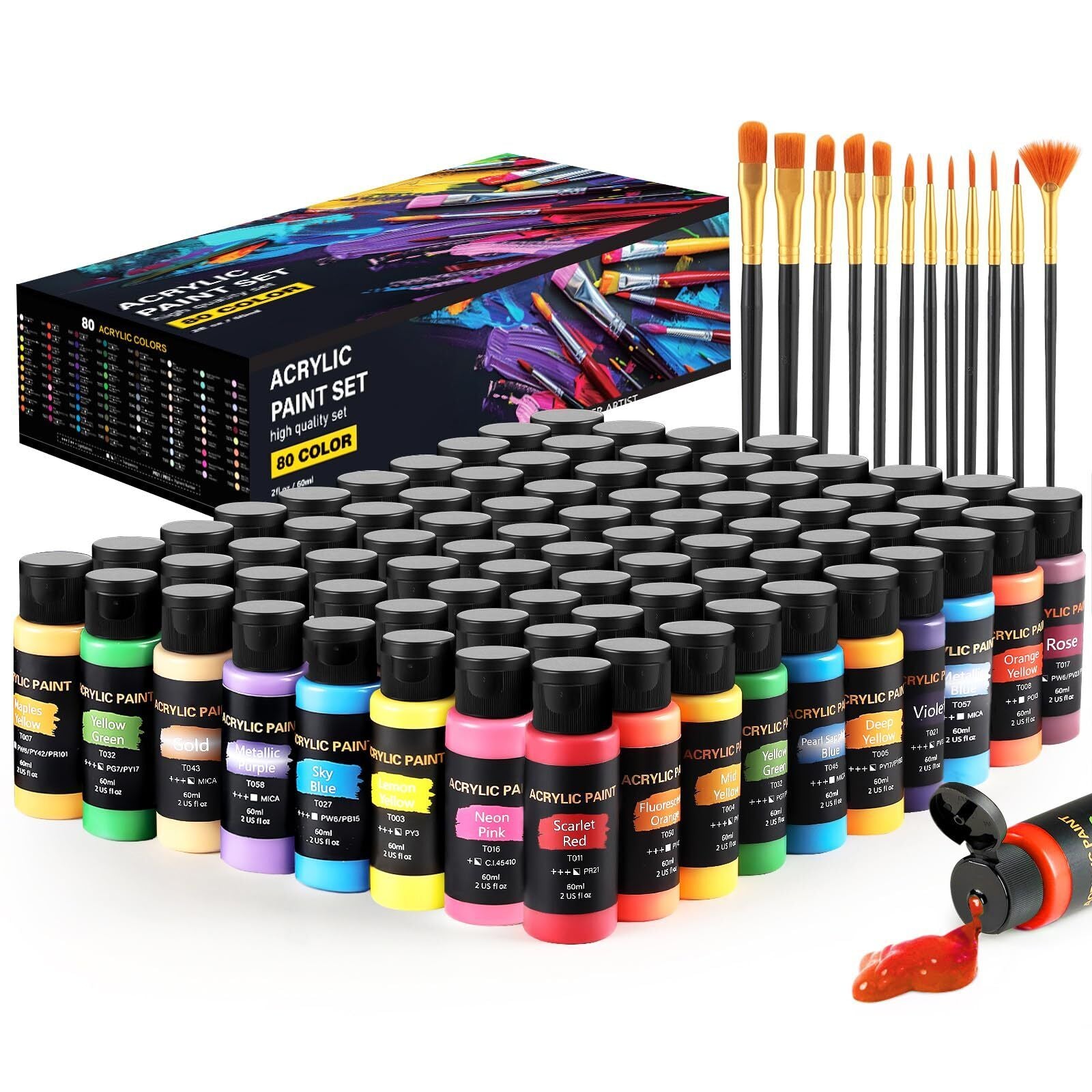 Acrylic Paint Set, 80 Colors (2 Oz/Bottle) with 12 Art Brushes, Art Supplies ...