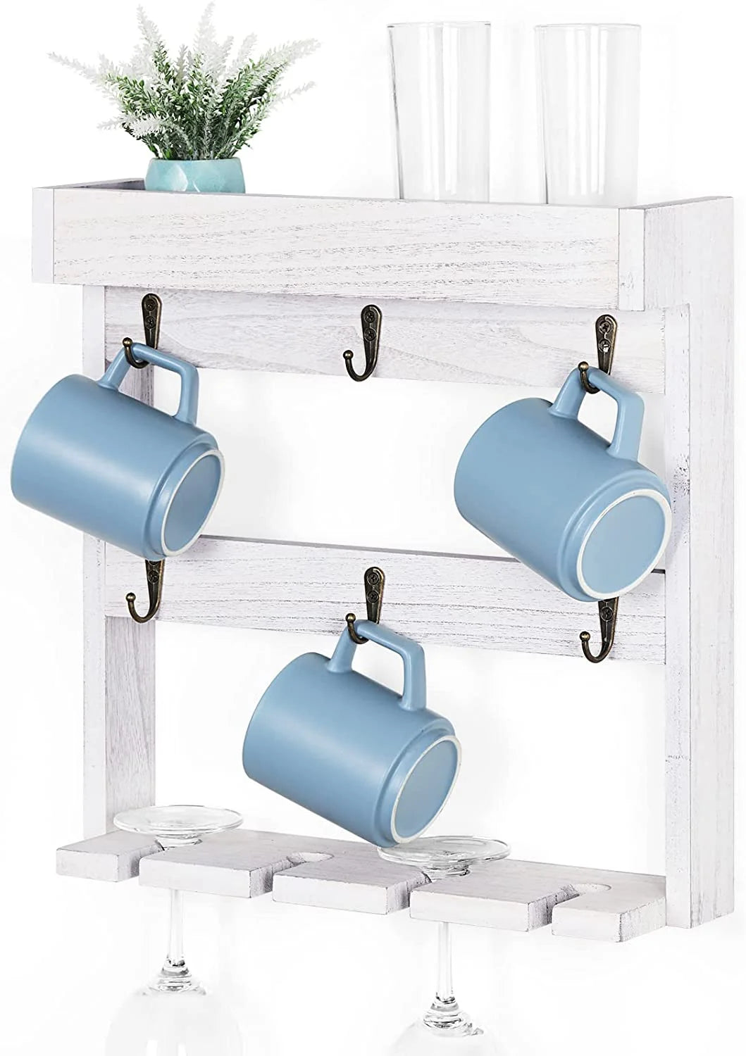 Wall Mounted Wine Glass and Coffee Mug Storage Rack Shelf with 6 Metal Hooks, Gray White