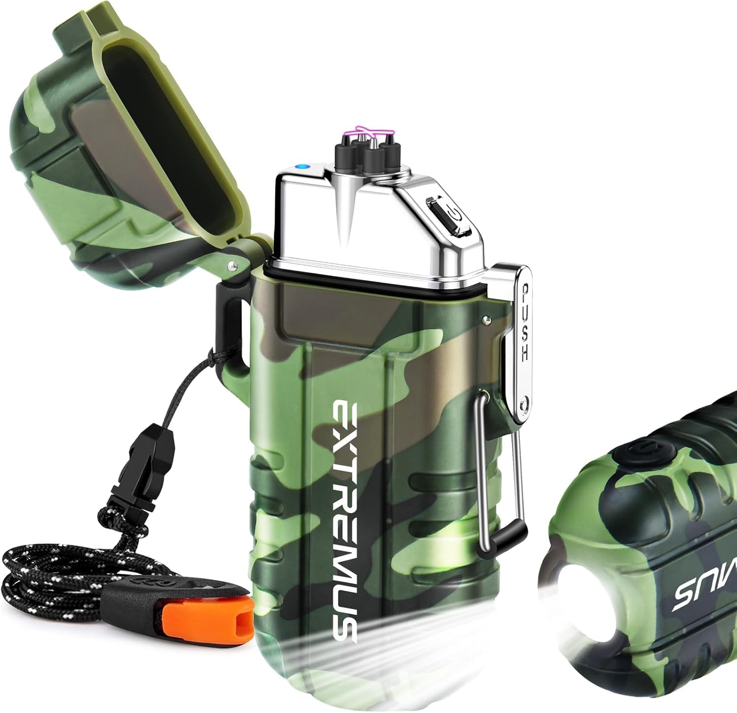 Blaze 360 Rechargeable Electric Lighters, Dual Arc Lighter, Windproof Plasma Lighter, Waterproof Lighter, Flameless Lighter with Whistle Lanyard for Camping (Army Green Flashlight)