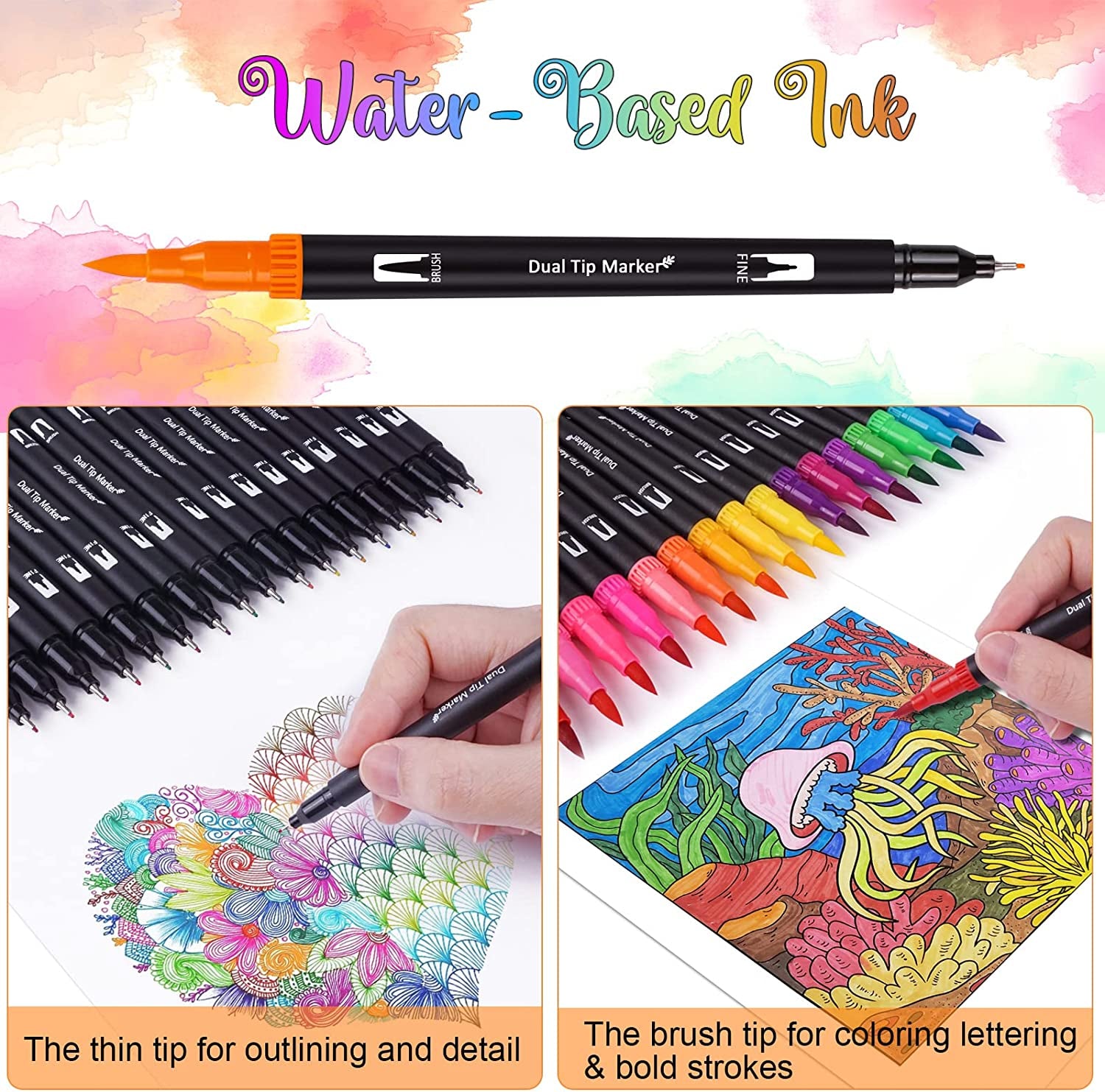 Dual Brush Marker Pens Set, 72 Colors Fine and Brush Tip Art Supplies