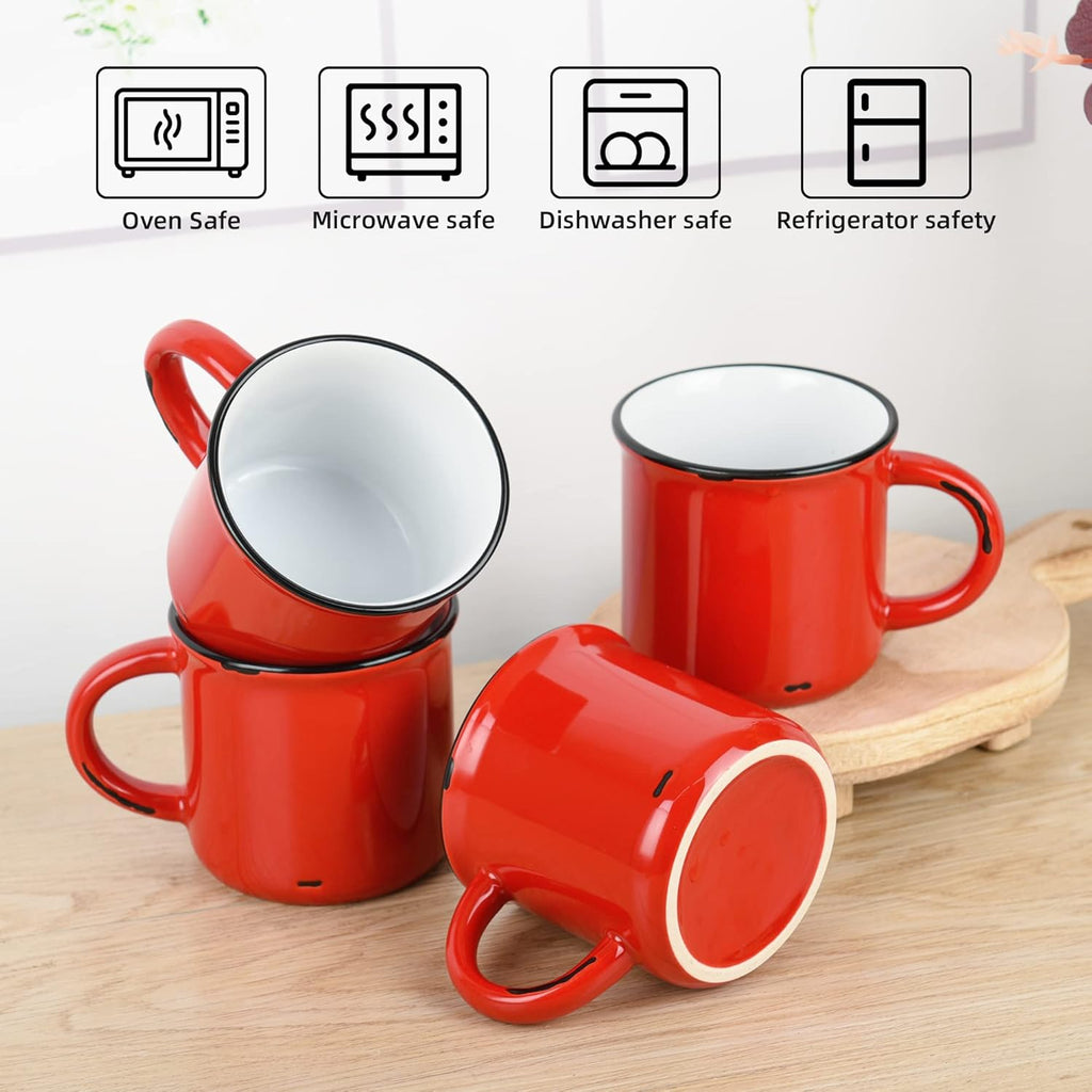 15Oz Red Campfire Ceramic Mugs Set of 4 for Coffee Tea Old Design