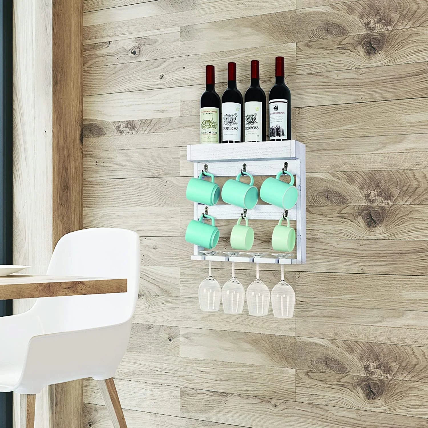 Wall Mounted Wine Glass and Coffee Mug Storage Rack Shelf with 6 Metal Hooks, Gray White