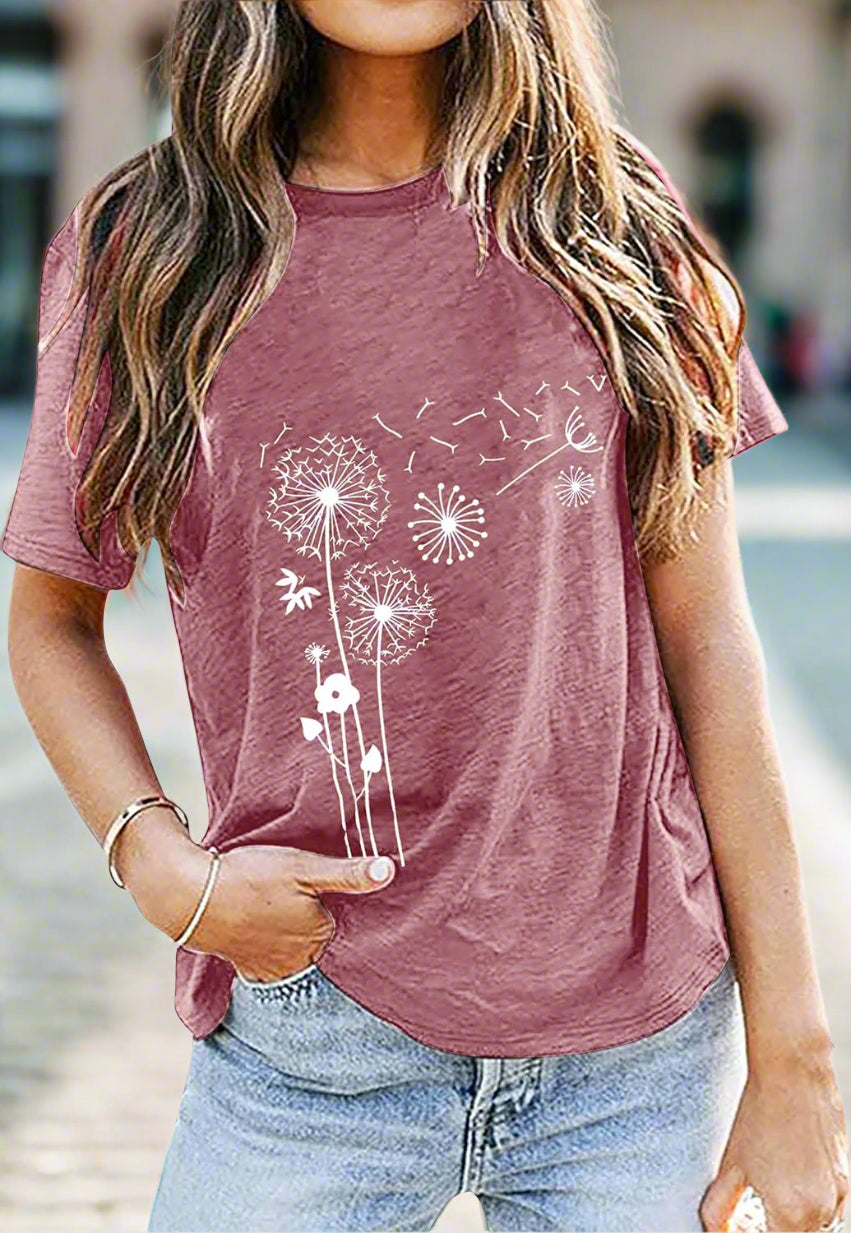 Dandelion Shirt Women Faith Graphic Shirts Make a Wish Vintage Tee Wildflower Short Sleeve Tops（Pink, Large