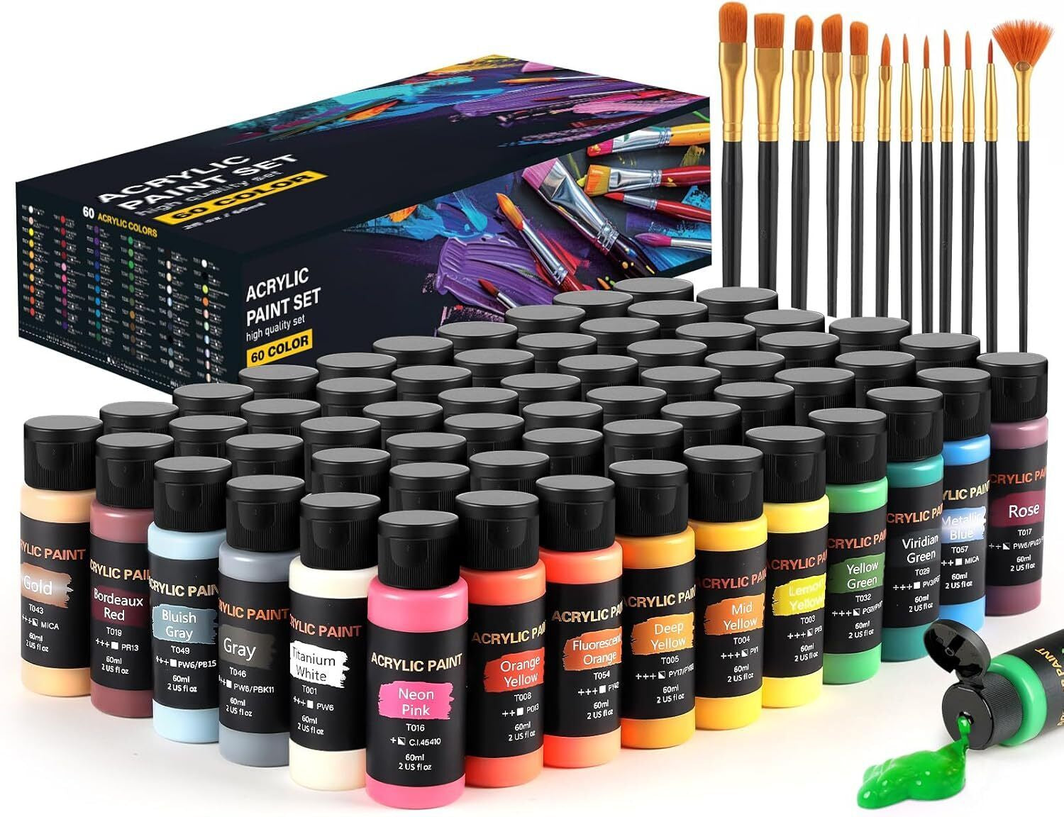 Acrylic Paint Set, 60 Colors (2 Oz/Bottle) with 12 Art Brushes, Art Supplies For