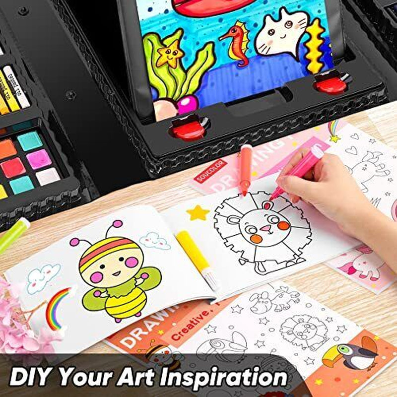 Soucolor Art Supplies, 223-Pack Drawing Art Set Kits with Trifold Easel, 2 A4 Dr