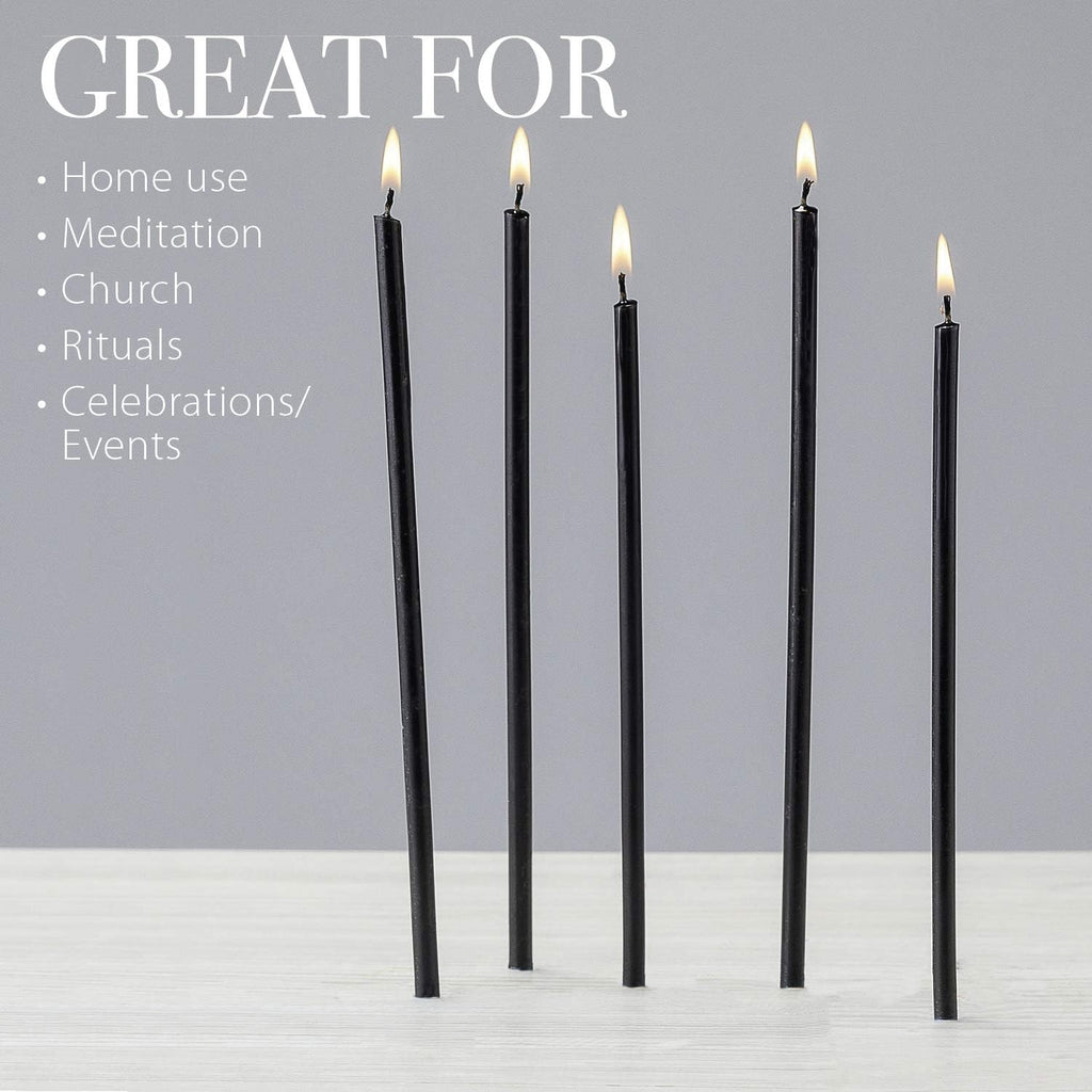 Pure Beeswax Candles - No-Drip, Smoke-Less, Tall, Thin Taper Candles – Decorative Candles for Church Prayer, Decor or Birthday Candles – Honey Scented Candles – 6.3”X0.2” (Black,50Pcs)