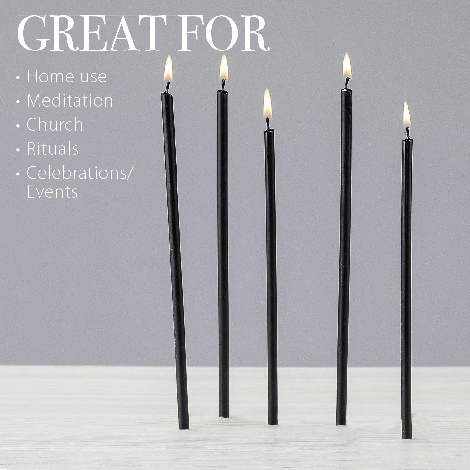 Pure Beeswax Candles - No-Drip, Smoke-Less, Tall, Thin Taper Candles – Decorative Candles for Church Prayer, Decor or Birthday Candles – Honey Scented Candles – 6.3”X0.2” (Black,50Pcs)