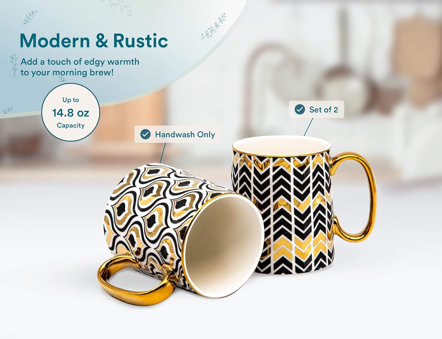 Gold Coffee Mugs, Coffee Mug Set, Coffee Cup, Tea Cups, Porcelian, Geometric Design, Tea Cups with Handels, 14.8 Oz, Black and Gold, Set of 2