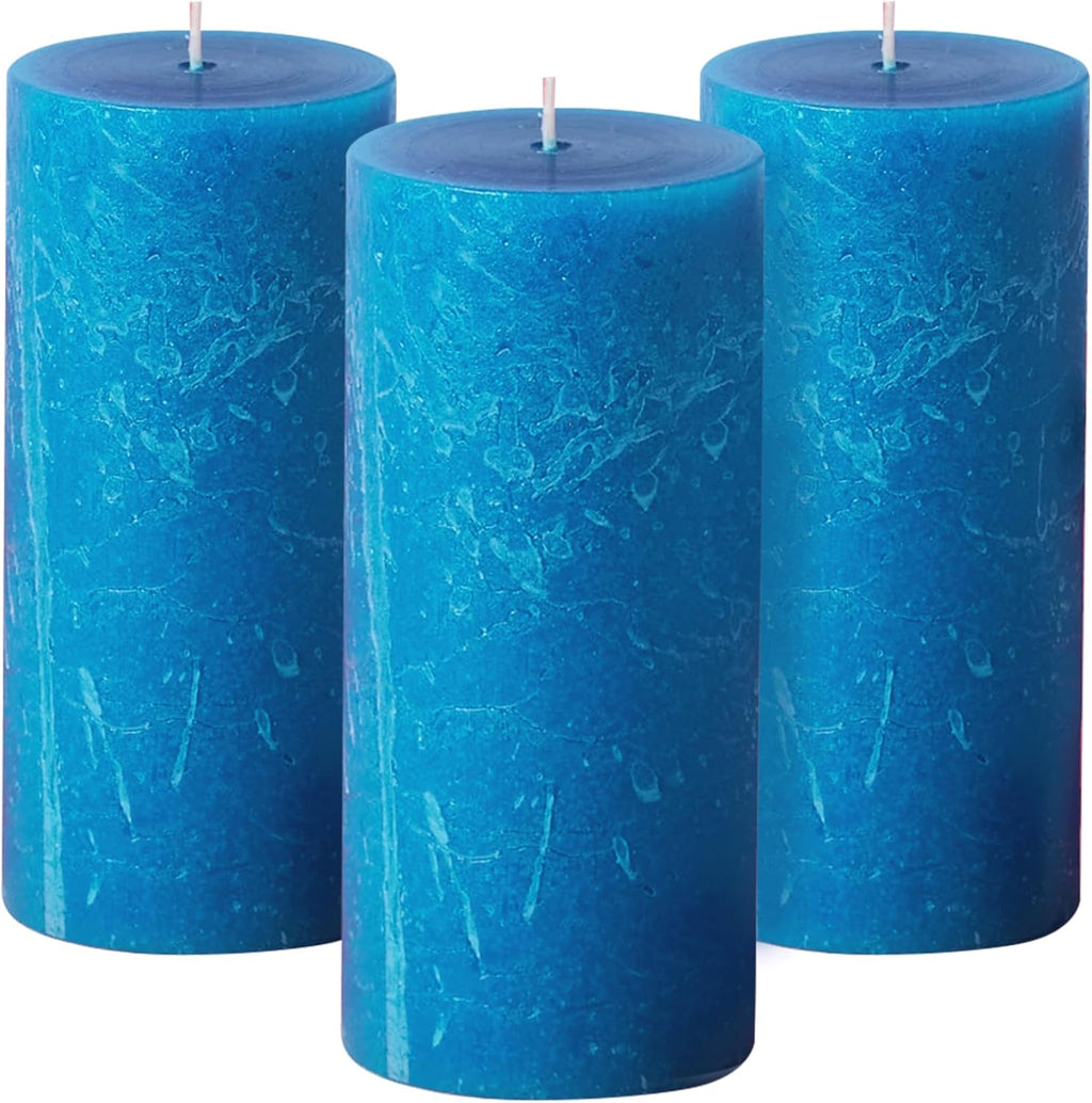 3X6 Inch Steel Blue Pillar Candles Set of 3, Rustic Texture, Unscented Blue Candles, Dripless Candles, 3 Inch Pillar Candles Ideal as Wedding, Parties, Spas Dinner Home Decoration Church