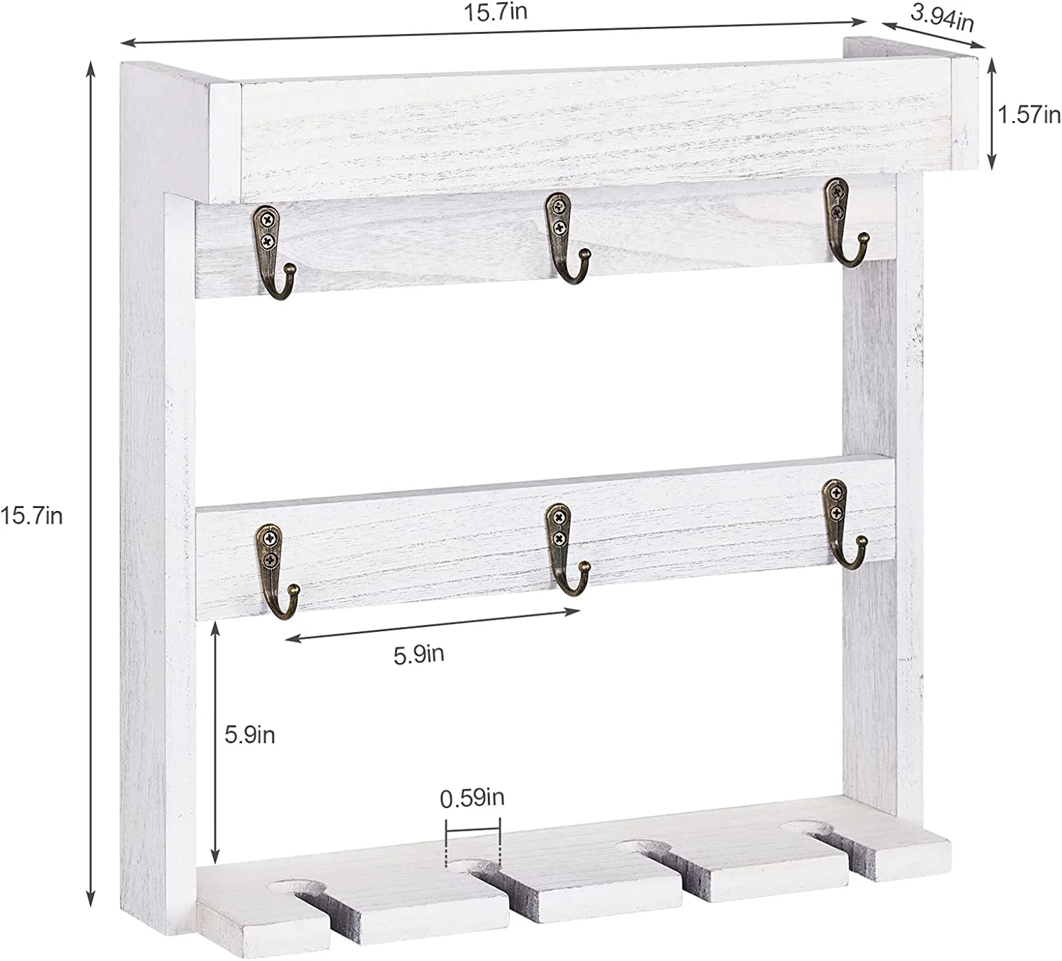 Wall Mounted Wine Glass and Coffee Mug Storage Rack Shelf with 6 Metal Hooks, Gray White