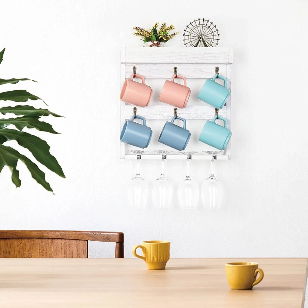Wall Mounted Wine Glass and Coffee Mug Storage Rack Shelf with 6 Metal Hooks, Gray White
