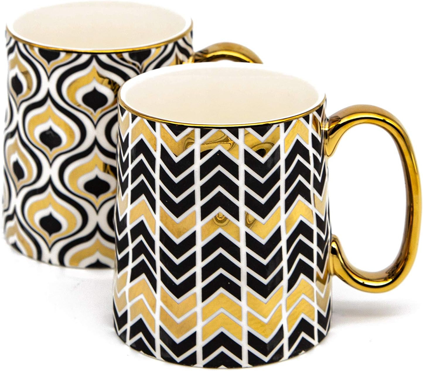 Gold Coffee Mugs, Coffee Mug Set, Coffee Cup, Tea Cups, Porcelian, Geometric Design, Tea Cups with Handels, 14.8 Oz, Black and Gold, Set of 2
