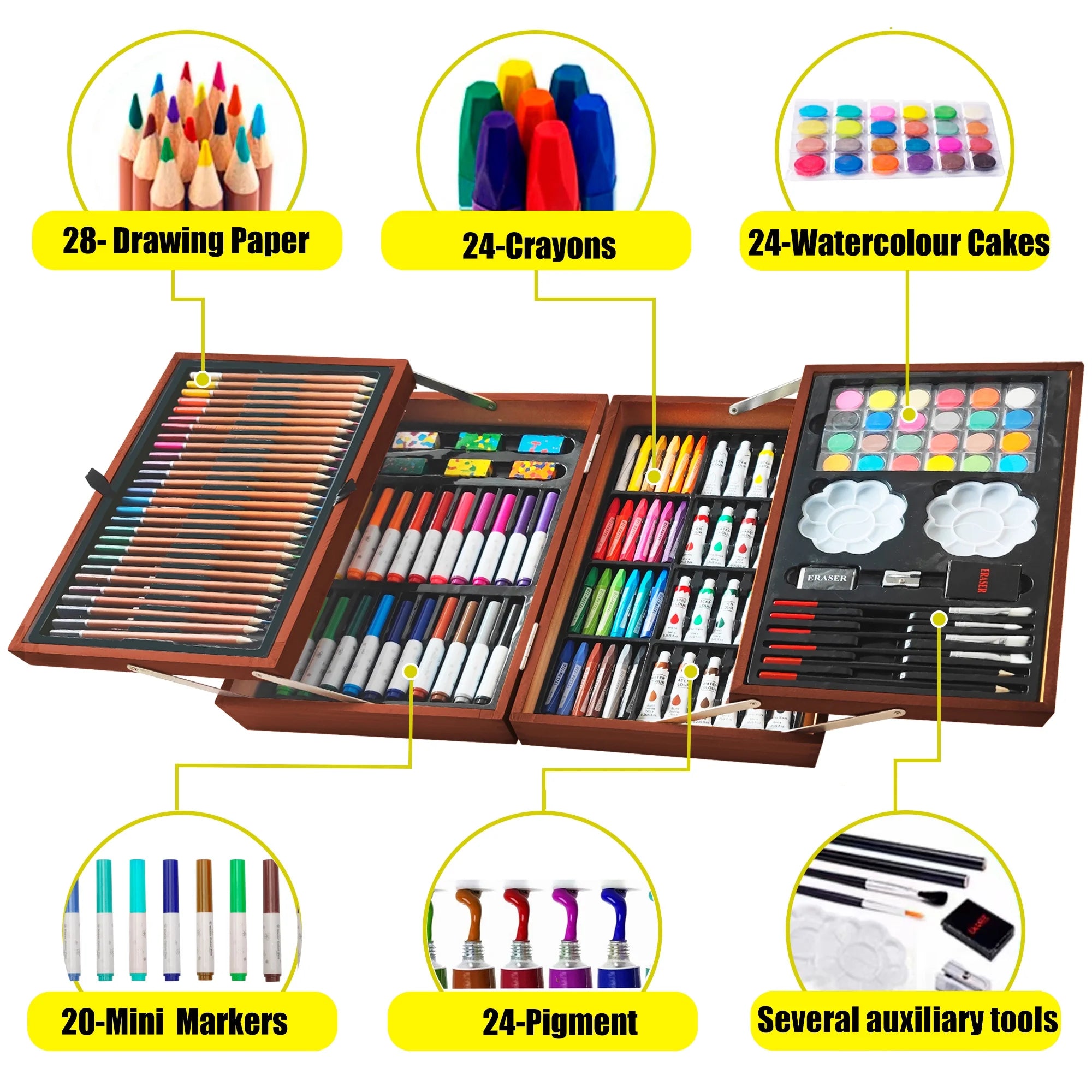 Art Set for Kids,  Art Supplies Case - 139 Piece Arts & Crafts Kit with Sketch Pads, Deluxe Portable Double Layers Wooden Gift Box for Artist Beginners Kids Girls Boys (Brown)