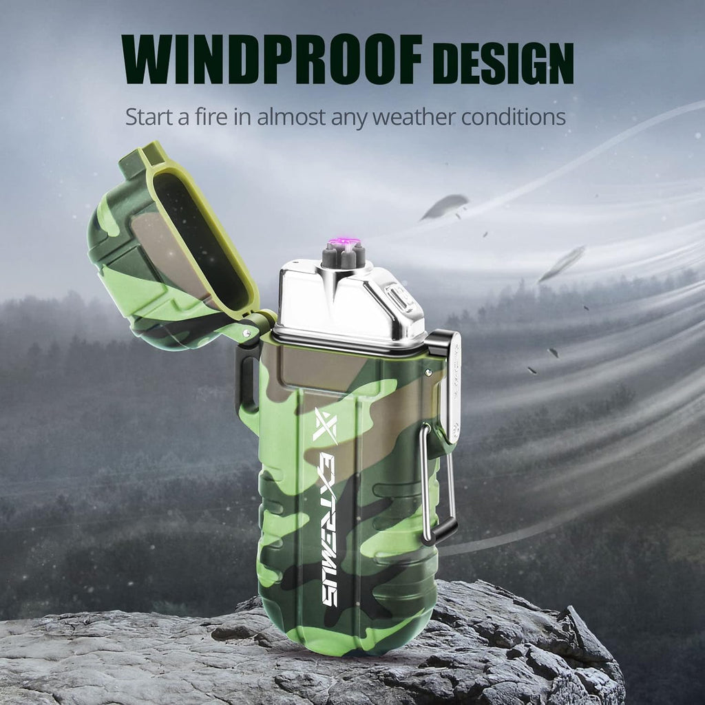 Blaze 360 Rechargeable Electric Lighters, Dual Arc Lighter, Windproof Plasma Lighter, Waterproof Lighter, Flameless Lighter with Whistle Lanyard for Camping (Army Green Flashlight)