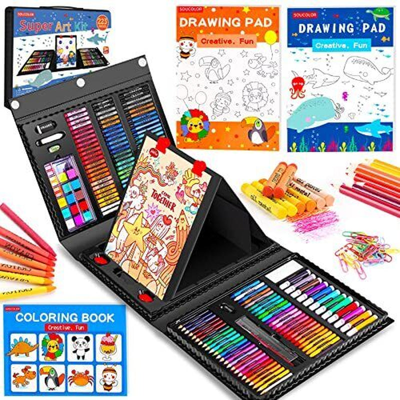 Soucolor Art Supplies, 223-Pack Drawing Art Set Kits with Trifold Easel, 2 A4 Dr