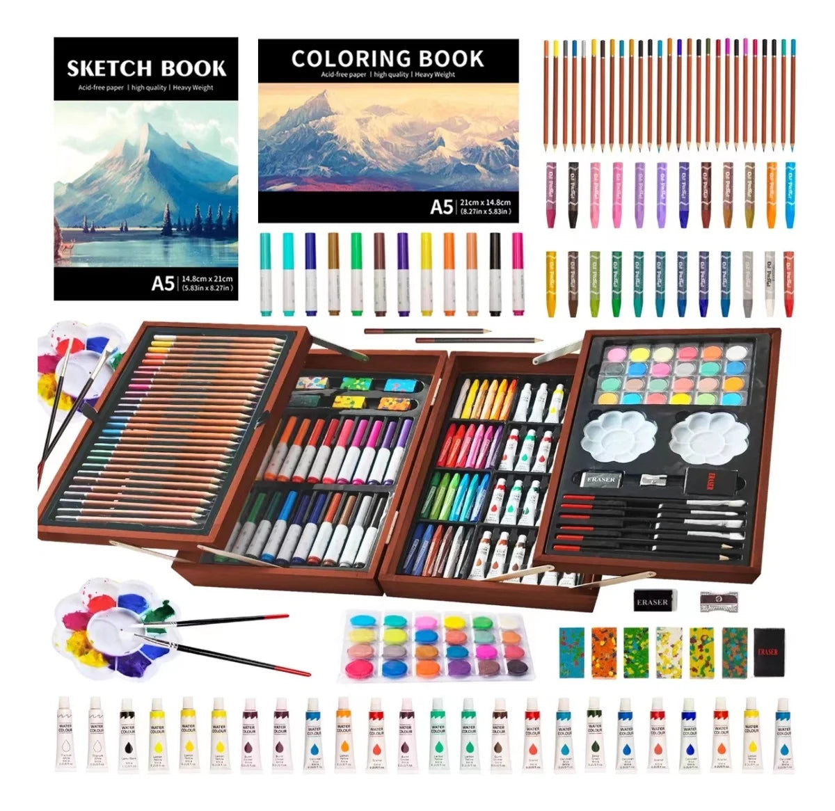 Art Set for Kids,  Art Supplies Case - 139 Piece Arts & Crafts Kit with Sketch Pads, Deluxe Portable Double Layers Wooden Gift Box for Artist Beginners Kids Girls Boys (Brown)