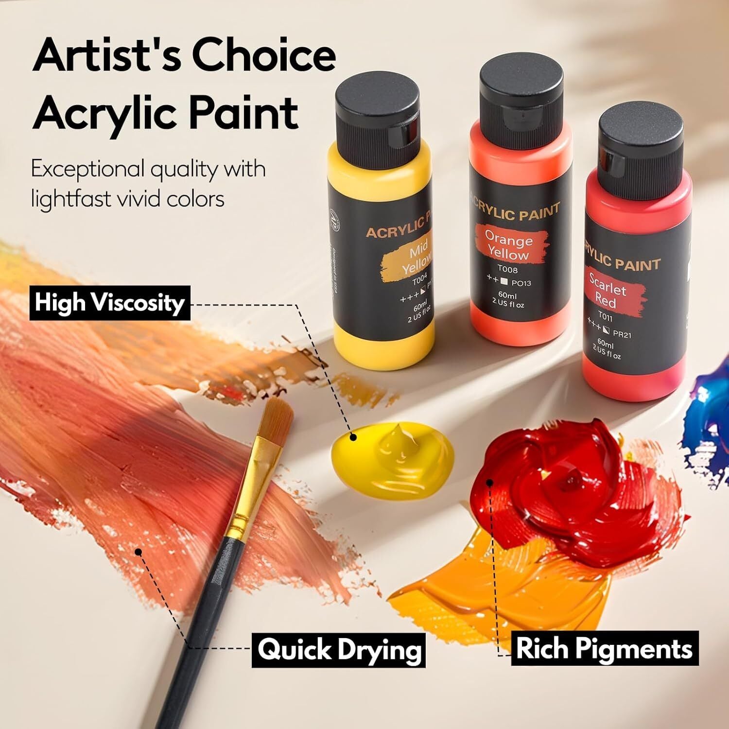 Acrylic Paint Set, 60 Colors (2 Oz/Bottle) with 12 Art Brushes, Art Supplies For