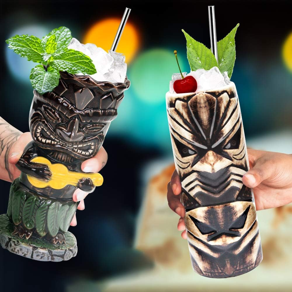 Suprobarware Tiki Mugs Set of 4– Ceramic Hawaiian Party Mugs Large Drinkware, Ti