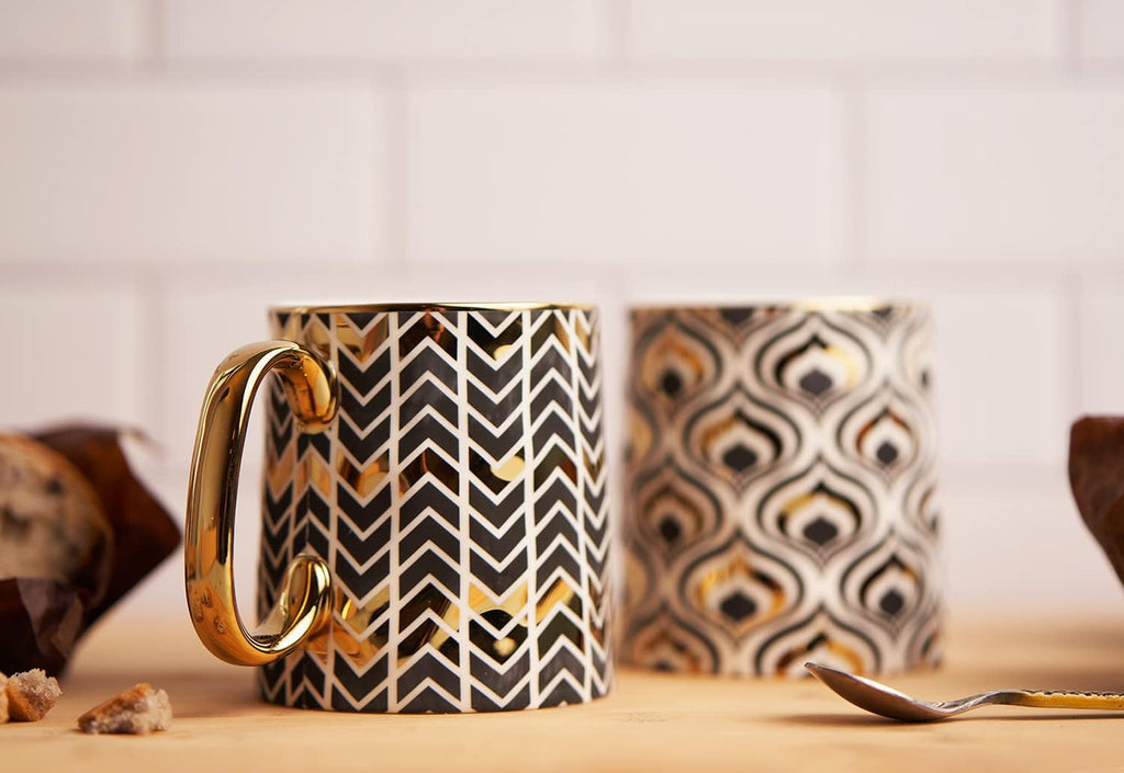 Gold Coffee Mugs, Coffee Mug Set, Coffee Cup, Tea Cups, Porcelian, Geometric Design, Tea Cups with Handels, 14.8 Oz, Black and Gold, Set of 2