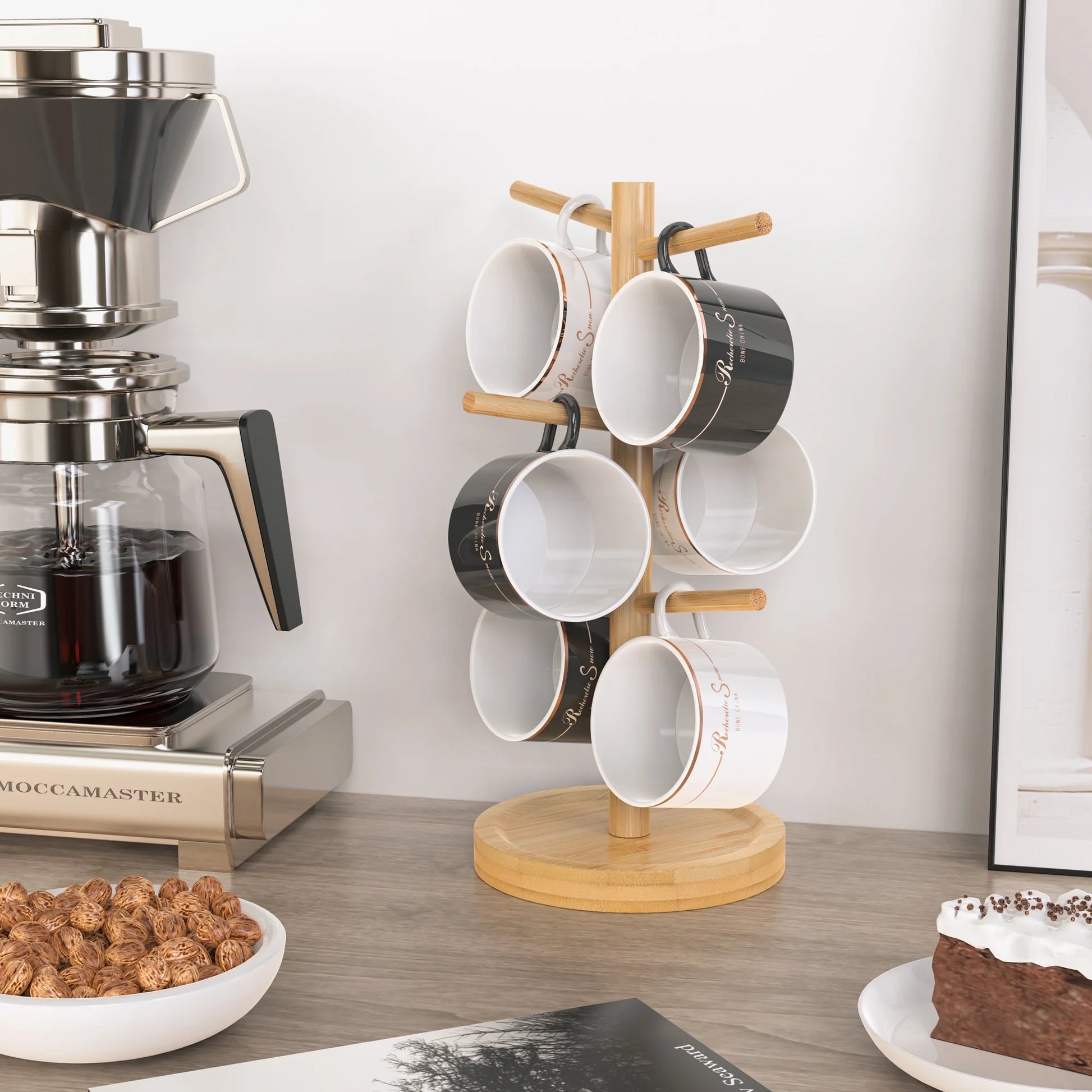 Coffee Mug Holder, Bamboo Mug Tree with Thicker Base Coffee Cup Mug Stand for Counter, Mug Rack with 6 Hooks