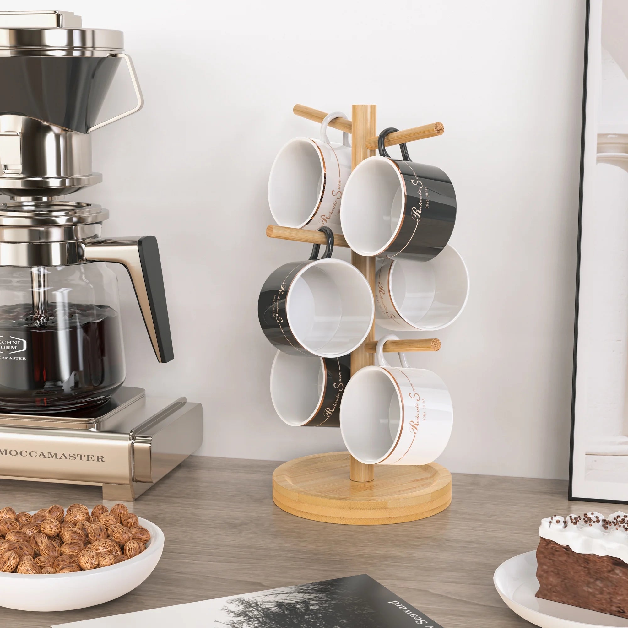 Coffee Mug Holder, Bamboo Mug Tree with Thicker Base Coffee Cup Mug Stand for Counter, Mug Rack with 6 Hooks