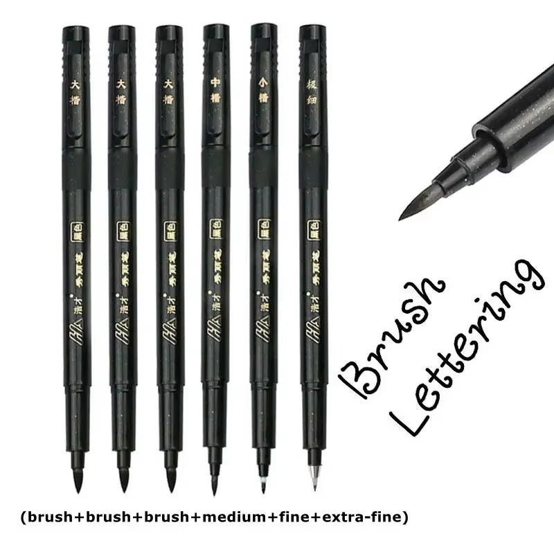 6Pcs Hand Lettering Calligraphy Pen Set Drawing Writing Signature Learning Extra Fine Brush Markers Art Supplies School Supplies
