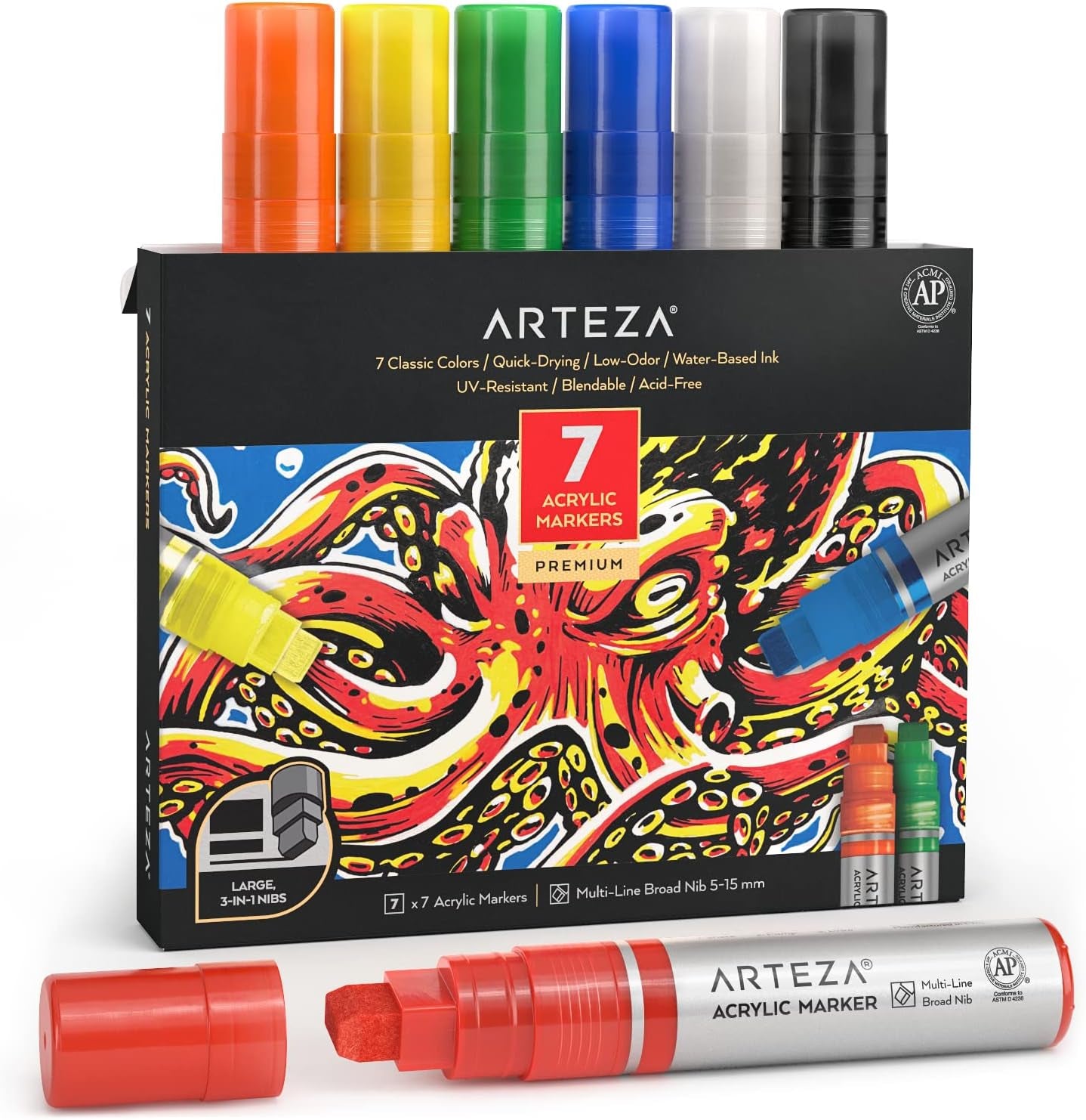 Acrylic Paint Markers, 7 Acrylic Paint Pens in Classic Colors, 3-In-1 Multi-Line Nibs, 5–15 Mm Line, Uv-Resistant, Art & Craft Supplies, Use on Canvases for Painting, Glass, Plastic, Rock
