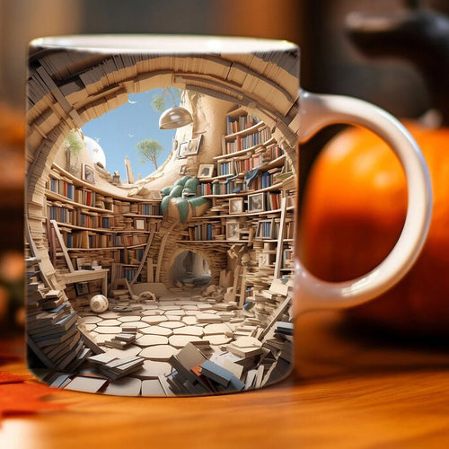 3D Bookshelf Mug 3D Library Bookshelf Mugs Book Lovers Coffee Mug,Creative Space Design Multi - Purpose Ceramic Mug, Cool Gifts for Readers Bookish 3D White Mug