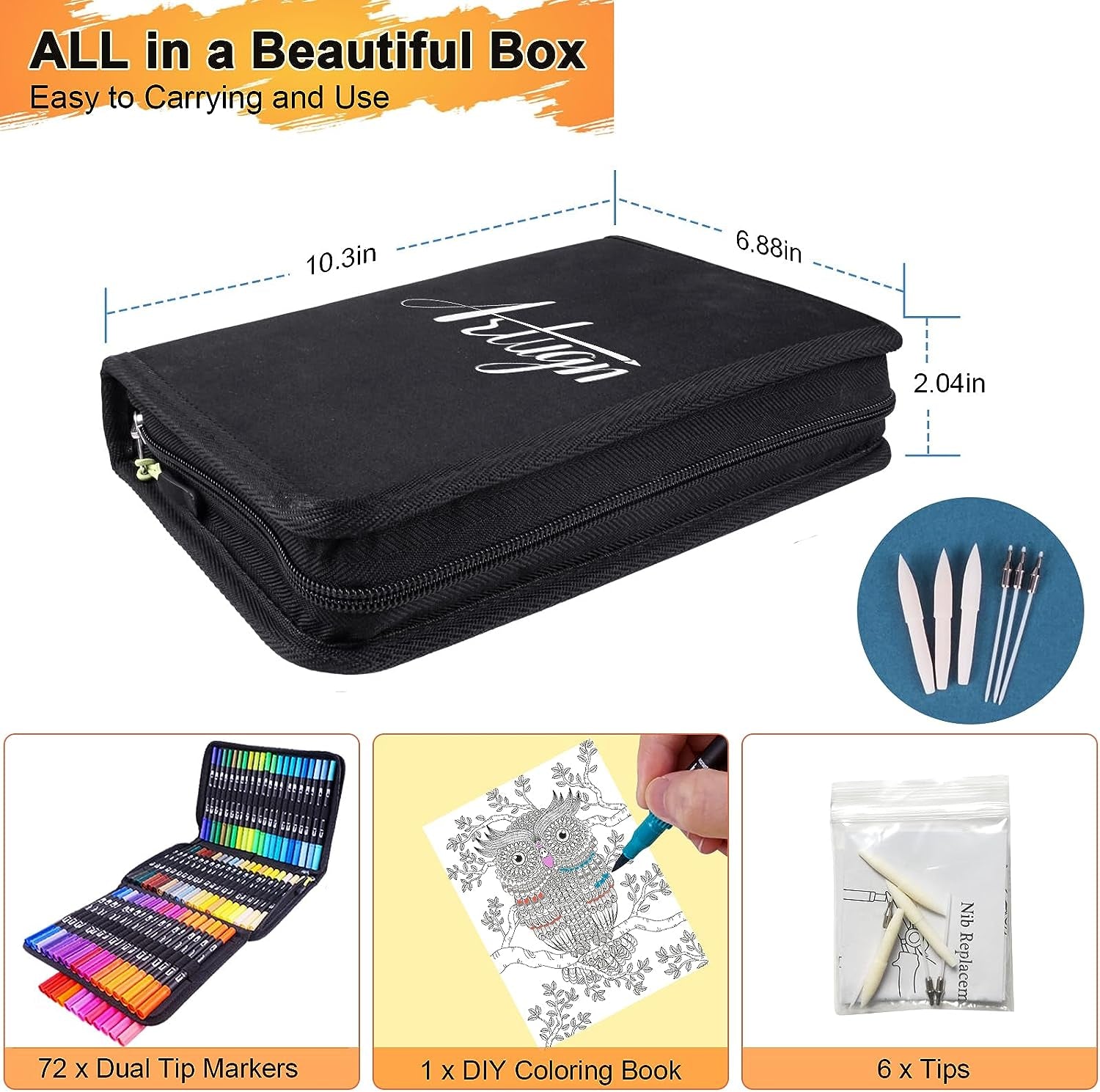 Dual Brush Marker Pens Set, 72 Colors Fine and Brush Tip Art Supplies