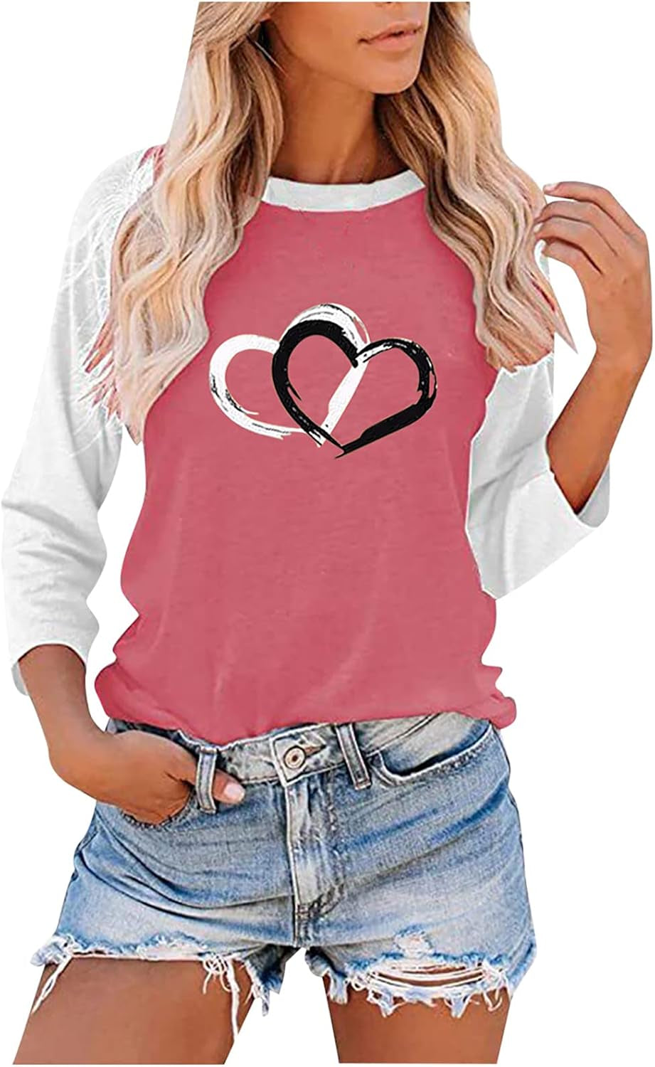 Fashion Crewneck Sweatshirts for Women, Fall Long Sleeve Casual Pullover Tops Ladies Heart Print Loose Comfy Blouses