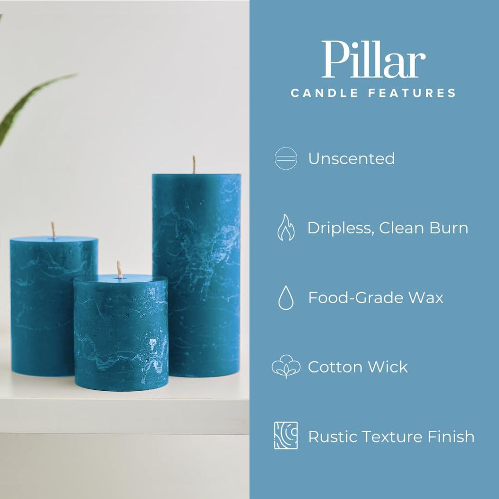 3X6 Inch Steel Blue Pillar Candles Set of 3, Rustic Texture, Unscented Blue Candles, Dripless Candles, 3 Inch Pillar Candles Ideal as Wedding, Parties, Spas Dinner Home Decoration Church
