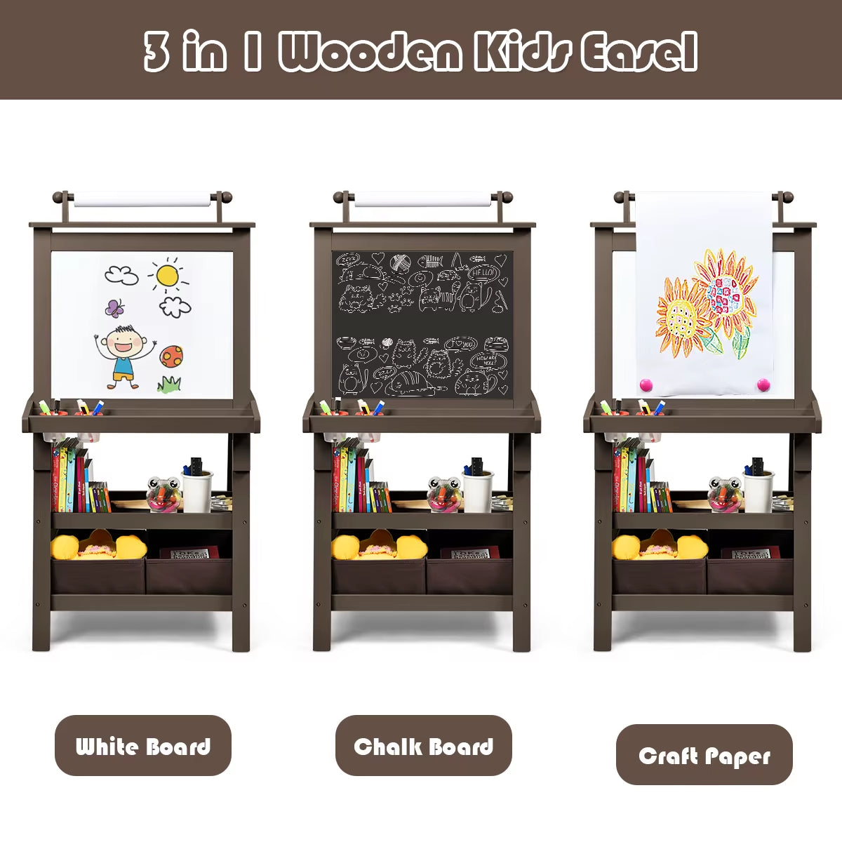 3 in 1 Double-Sided Storage Art Easel W/ Paint Cups for Toddlers Writing Coffee