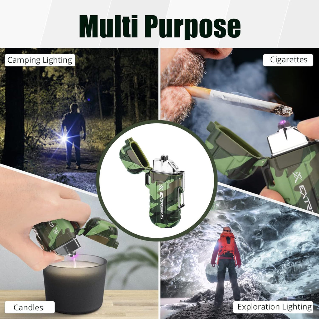 Blaze 360 Rechargeable Electric Lighters, Dual Arc Lighter, Windproof Plasma Lighter, Waterproof Lighter, Flameless Lighter with Whistle Lanyard for Camping (Army Green Flashlight)