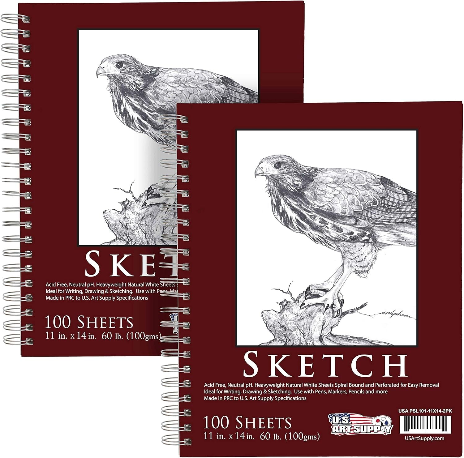 11" X 14" Sketch Book Pad, Pack of 2, 100 Sheets Each, 60Lb (100Gsm) - Spiral Bound Artist Sketching Drawing Paper Pad, Acid-Free - Graphite Colored Pencils, Charcoal - Adults Students