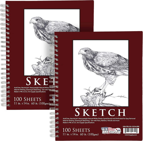 11" X 14" Sketch Book Pad, Pack of 2, 100 Sheets Each, 60Lb (100Gsm) - Spiral Bound Artist Sketching Drawing Paper Pad, Acid-Free - Graphite Colored Pencils, Charcoal - Adults Students