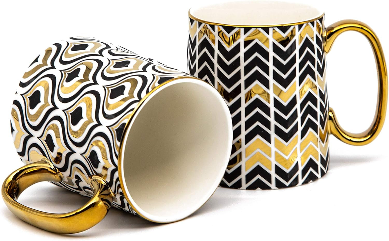 Gold Coffee Mugs, Coffee Mug Set, Coffee Cup, Tea Cups, Porcelian, Geometric Design, Tea Cups with Handels, 14.8 Oz, Black and Gold, Set of 2