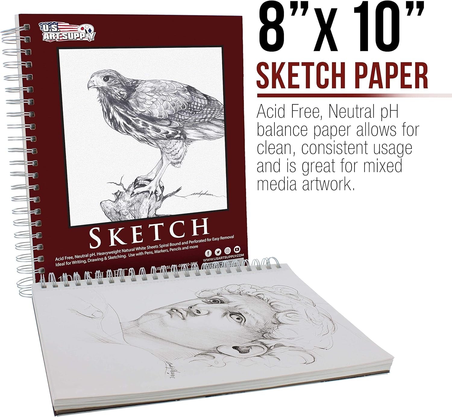 8" X 10" Sketch Book Pad, Pack of 2, 100 Sheets Each, 60Lb (100Gsm) - Spiral Bound Artist Sketching Drawing Paper Pad, Acid-Free - Graphite Colored Pencils, Charcoal - Adults, Students