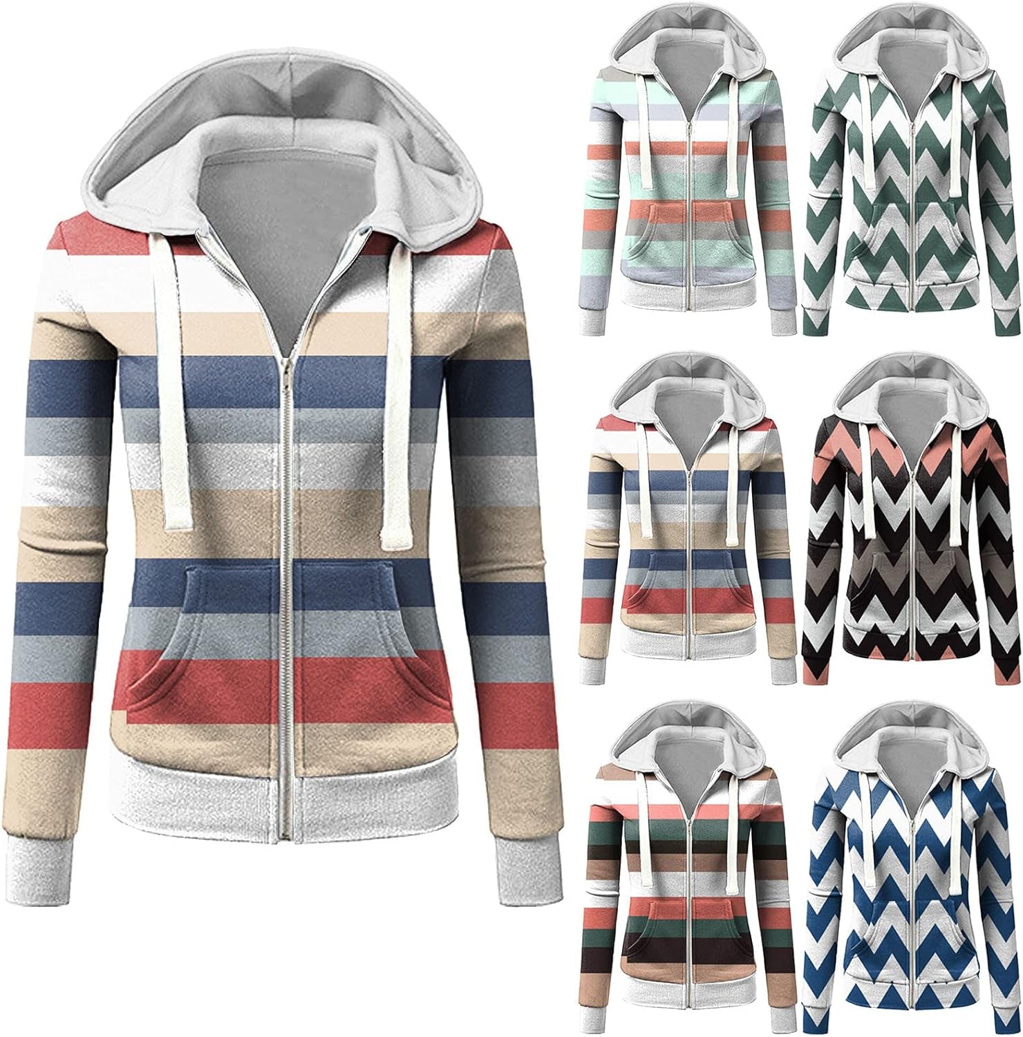 Women'S Casual Zip up Hoodies Tops, Fashion Stripe Comfy Long Sleeve Loose Fit Pocket Sweatshirt Coat for Ladies