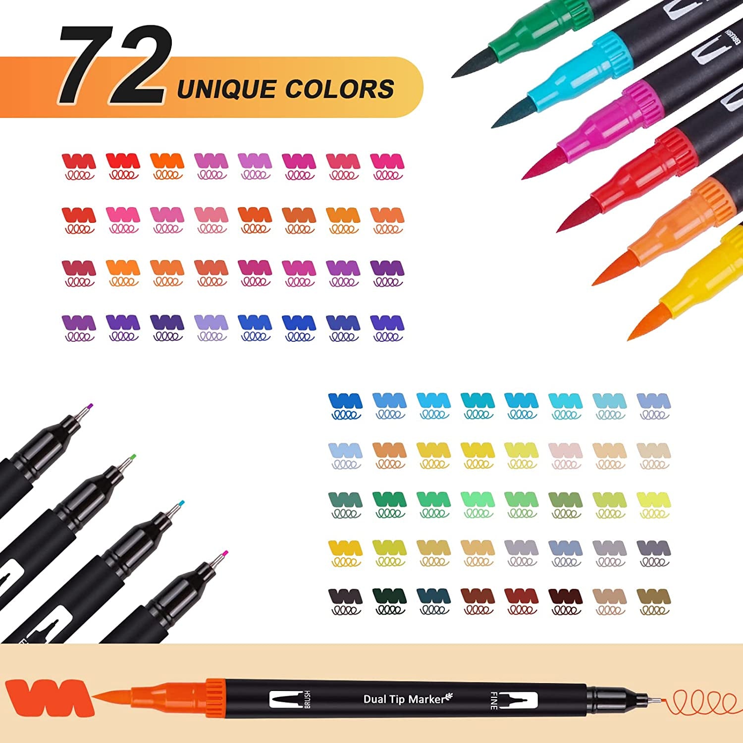 Dual Brush Marker Pens Set, 72 Colors Fine and Brush Tip Art Supplies