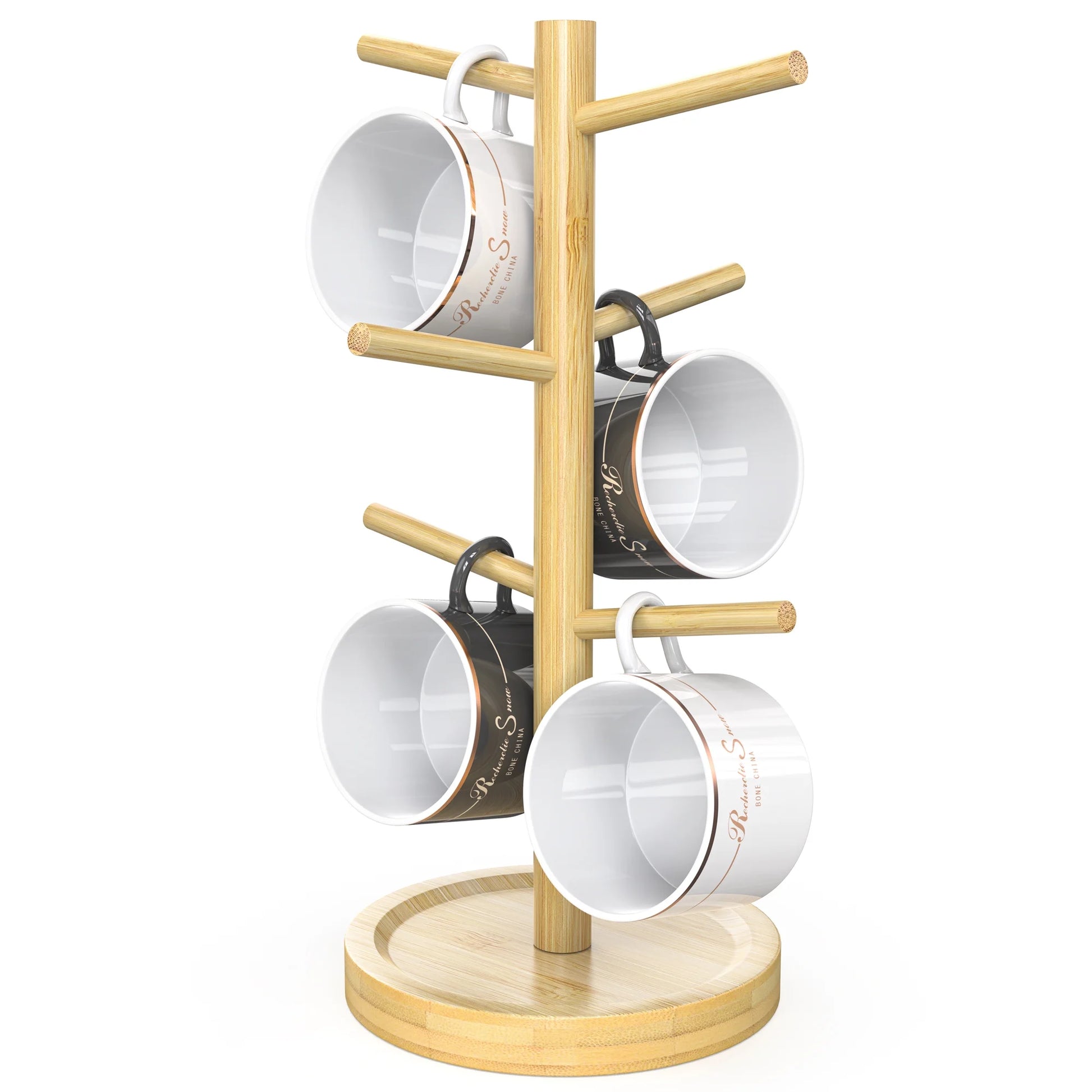 Coffee Mug Holder, Bamboo Mug Tree with Thicker Base Coffee Cup Mug Stand for Counter, Mug Rack with 6 Hooks
