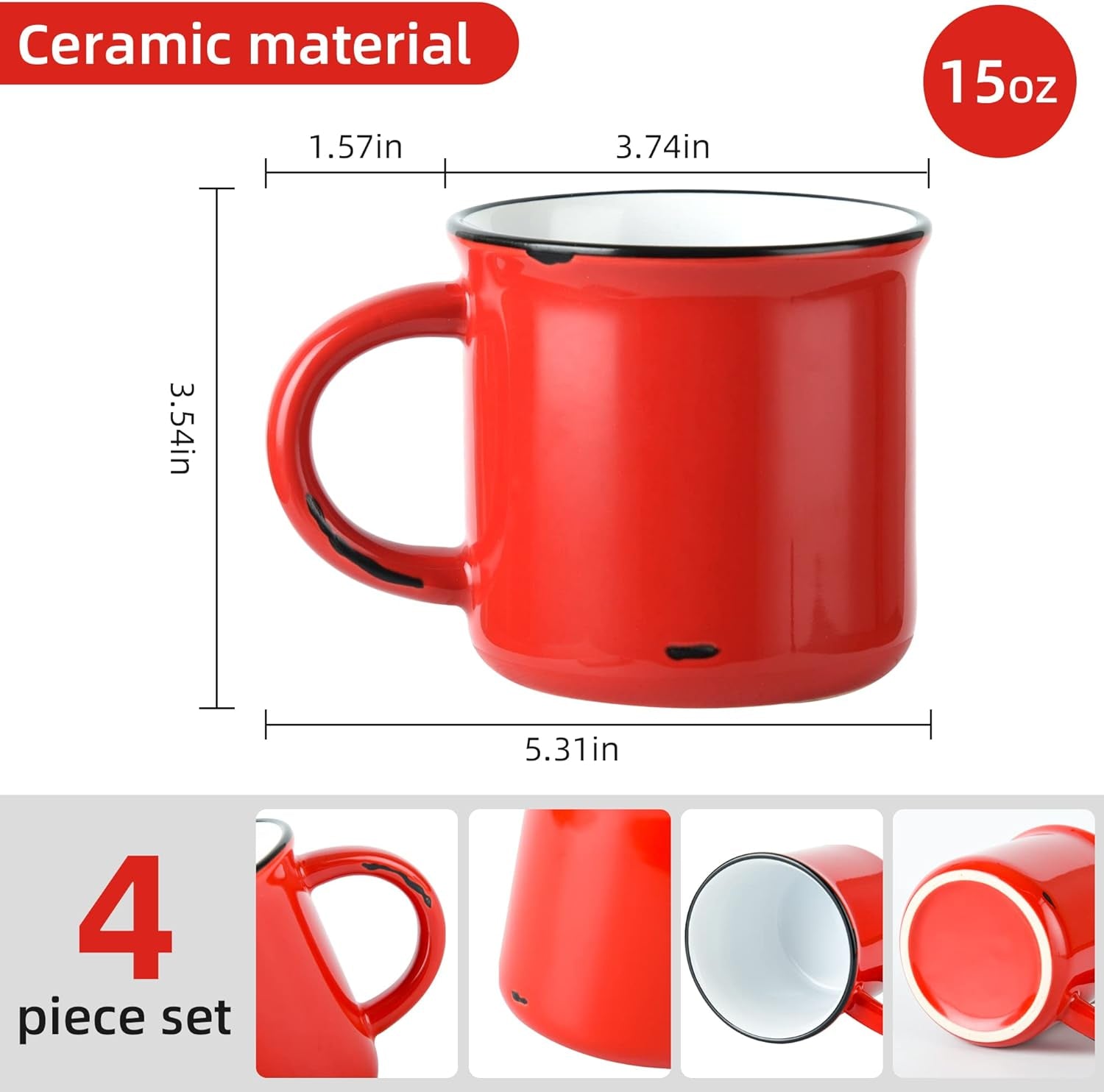 15Oz Red Campfire Ceramic Mugs Set of 4 for Coffee Tea Old Design