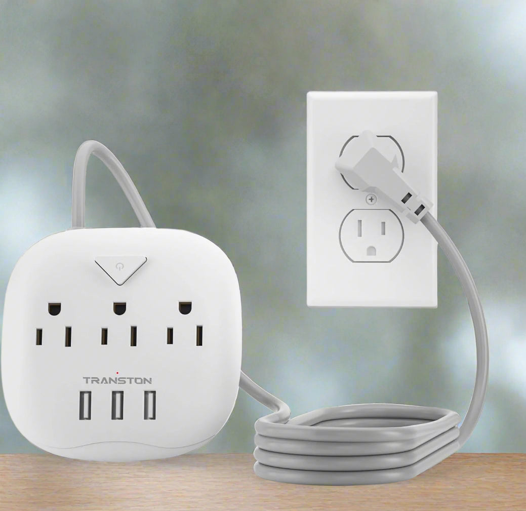 Power Strip 3 Outlets and 3 USB Ports with Switch Control, Desktop Charging Station with 5 Ft Extension Cord, Compact for Nightstand, Office and Travel - White