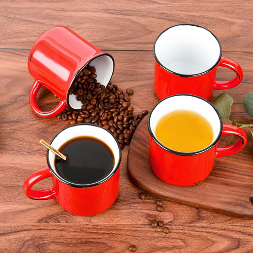 15Oz Red Campfire Ceramic Mugs Set of 4 for Coffee Tea Old Design