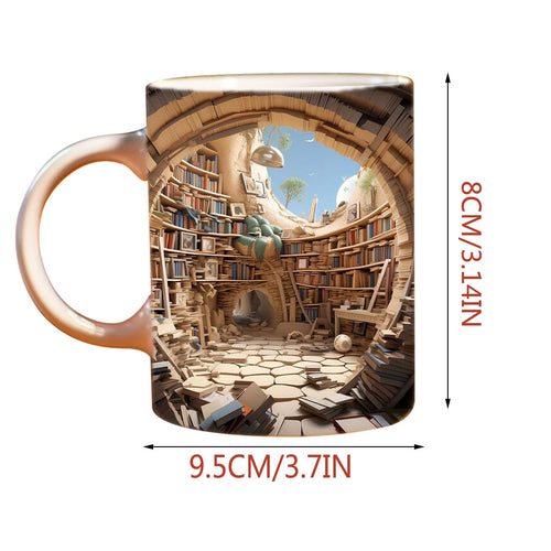 3D Bookshelf Mug 3D Library Bookshelf Mugs Book Lovers Coffee Mug,Creative Space Design Multi - Purpose Ceramic Mug, Cool Gifts for Readers Bookish 3D White Mug