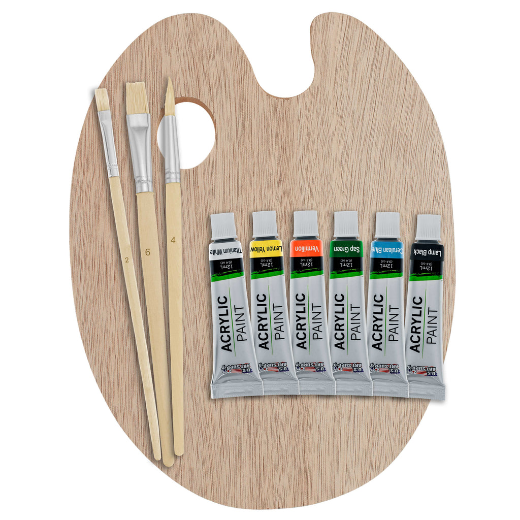 Artist Painting Set with 6 Vivid Acrylic Paint Colors, Wood Painting Palette, 3 Brushes - Basic Artwork Project Essentials - Fun Children, Kids, School, Students, Beginners Starter Kit