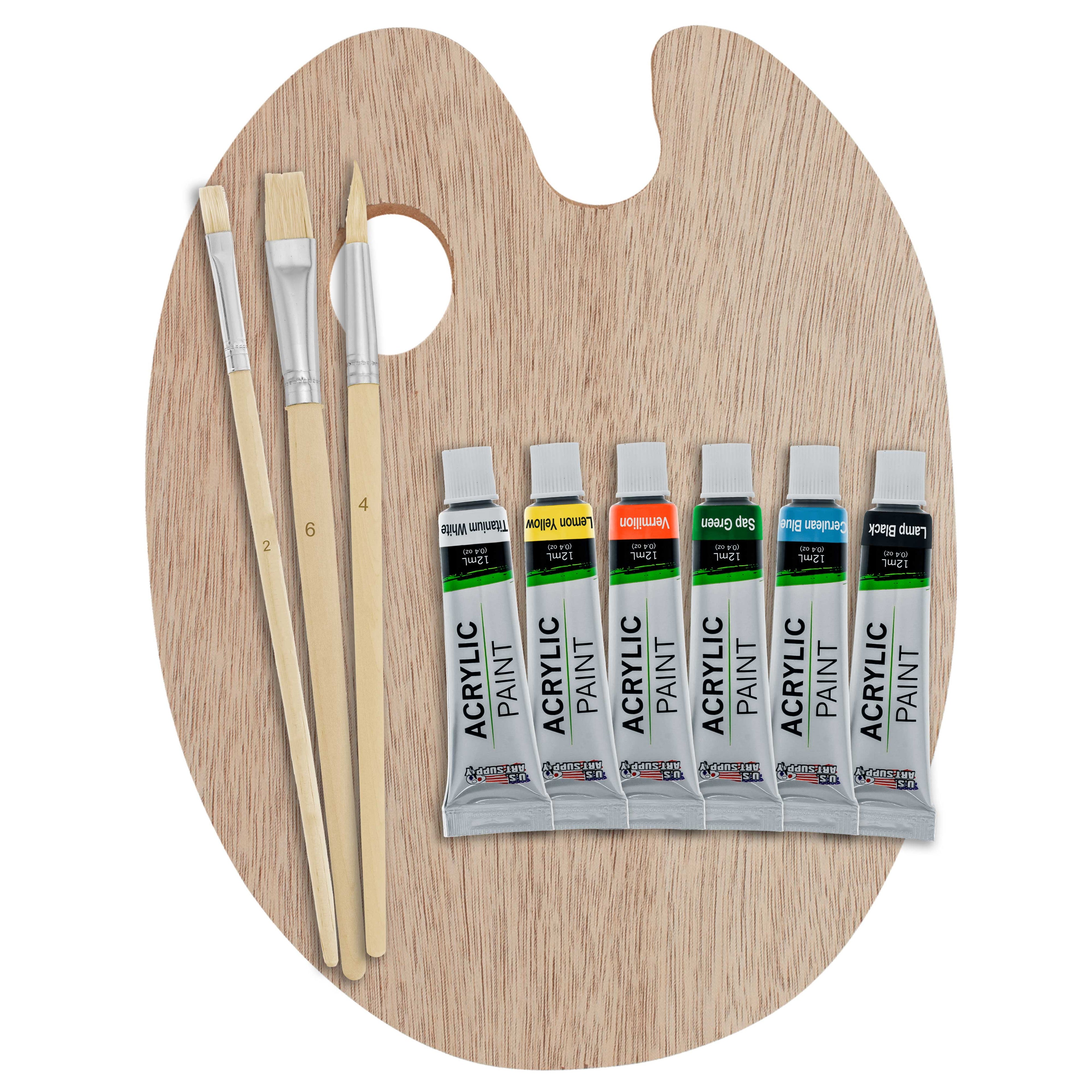 Artist Painting Set with 6 Vivid Acrylic Paint Colors, Wood Painting Palette, 3 Brushes - Basic Artwork Project Essentials - Fun Children, Kids, School, Students, Beginners Starter Kit