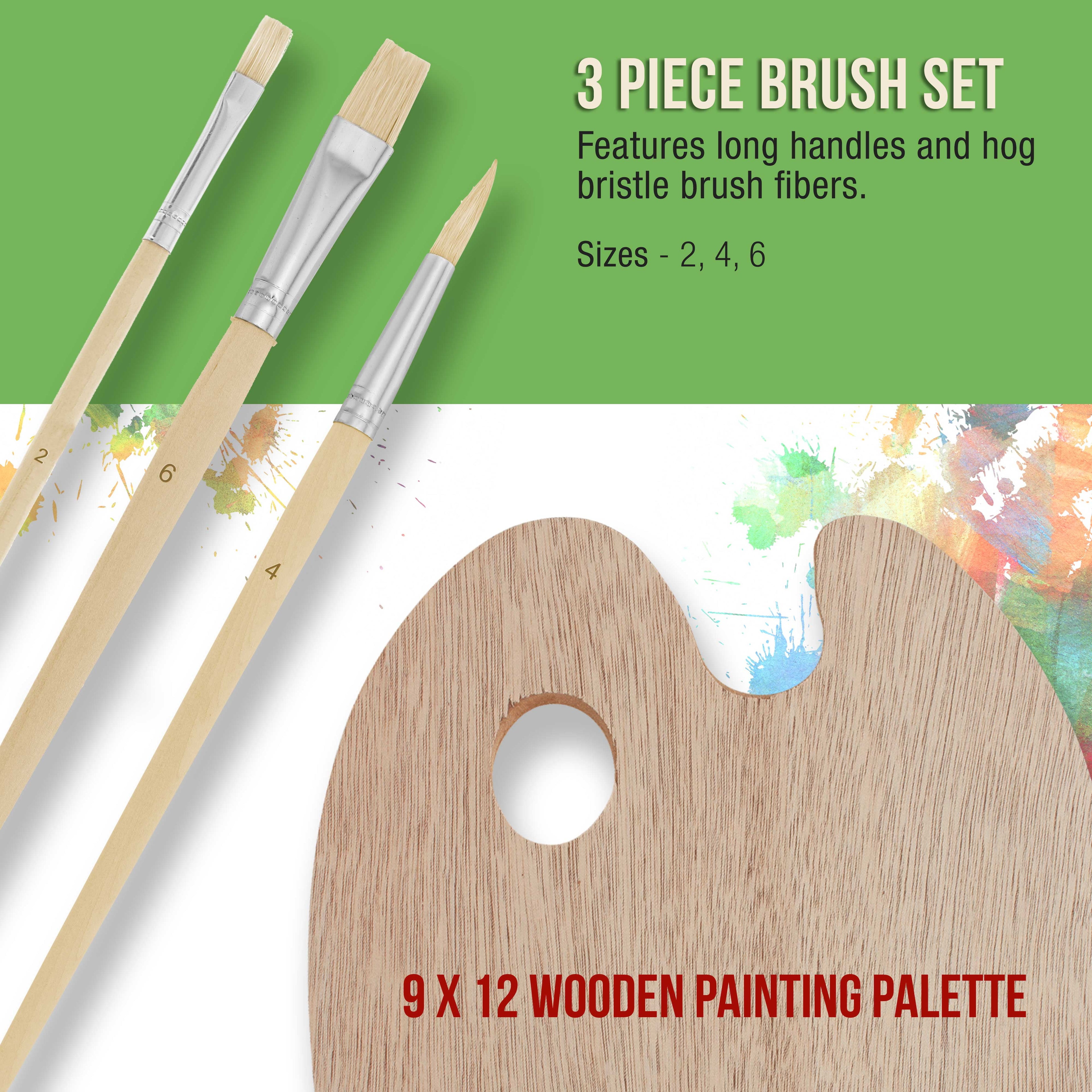 Artist Painting Set with 6 Vivid Acrylic Paint Colors, Wood Painting Palette, 3 Brushes - Basic Artwork Project Essentials - Fun Children, Kids, School, Students, Beginners Starter Kit