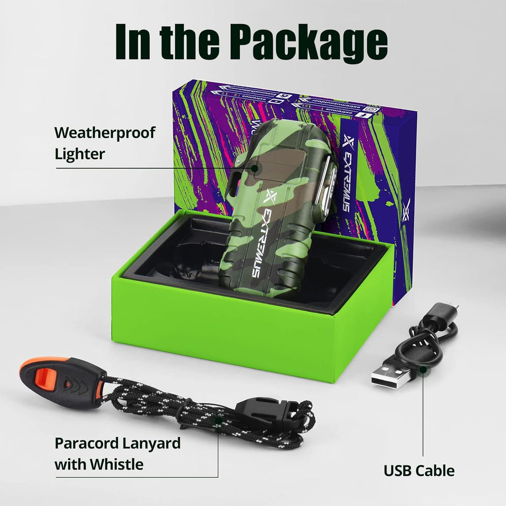 Blaze 360 Rechargeable Electric Lighters, Dual Arc Lighter, Windproof Plasma Lighter, Waterproof Lighter, Flameless Lighter with Whistle Lanyard for Camping (Army Green Flashlight)